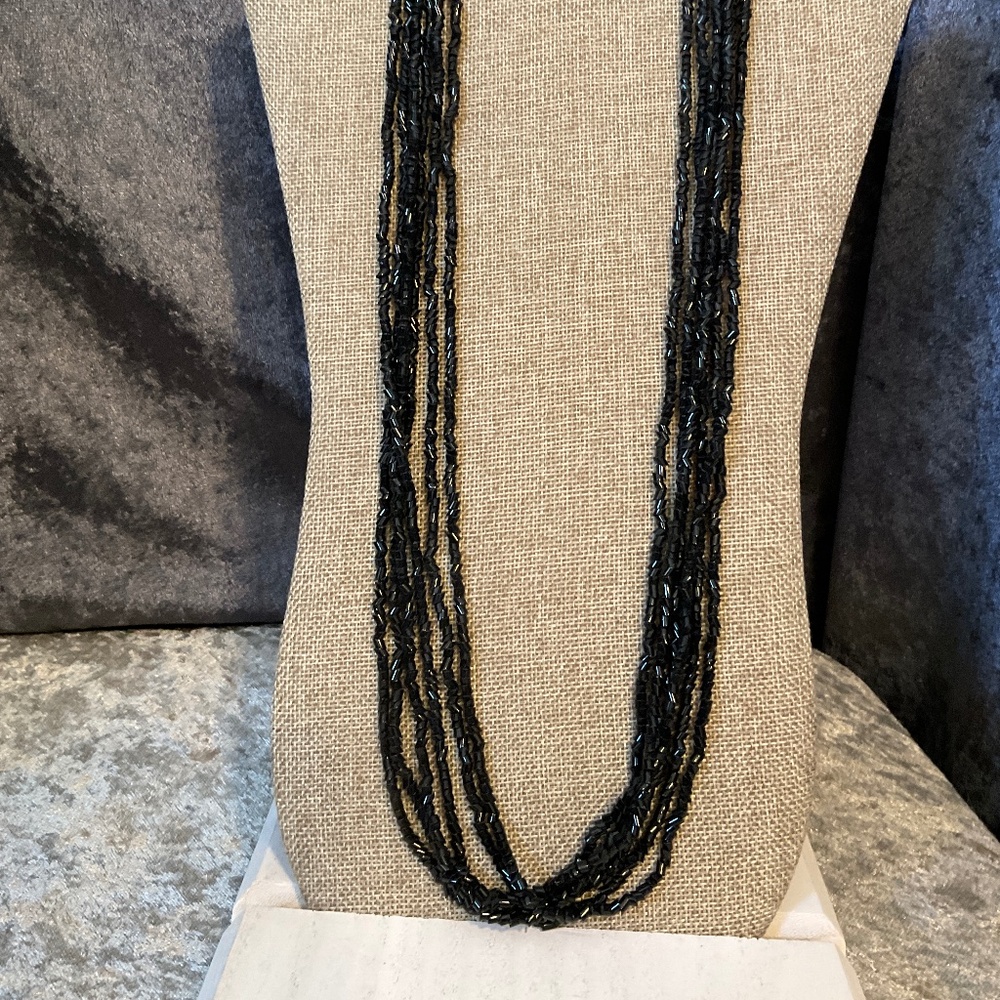 Vintage Multi Strand Black Bohemian Glass Necklace